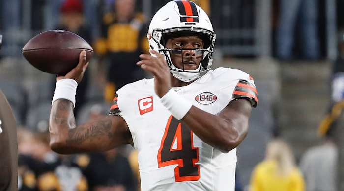 Sep 18, 2023; Pittsburgh, Pennsylvania, USA; Cleveland Browns quarterback Deshaun Watson (4) warms up before the game against the Pittsburgh Steelers at Acrisure Stadium. Mandatory Credit: Charles LeClaire-USA TODAY Sports